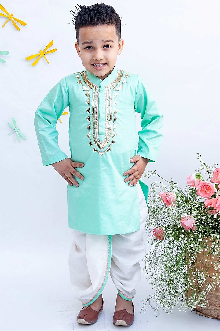 Aqua Green Kurta Set With Dori For Boys by Fayon Kids at Pernia's Pop Up Shop