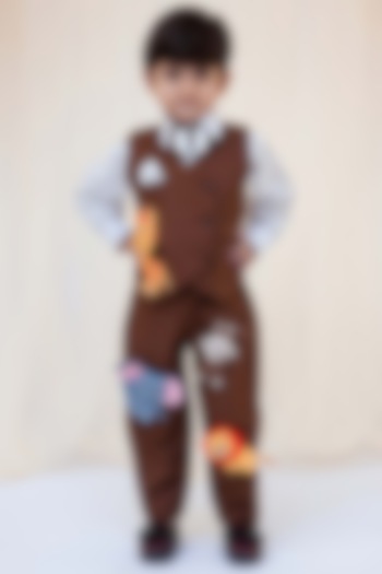 Brown Embroidered Jacket Set For Boys by Fayon Kids