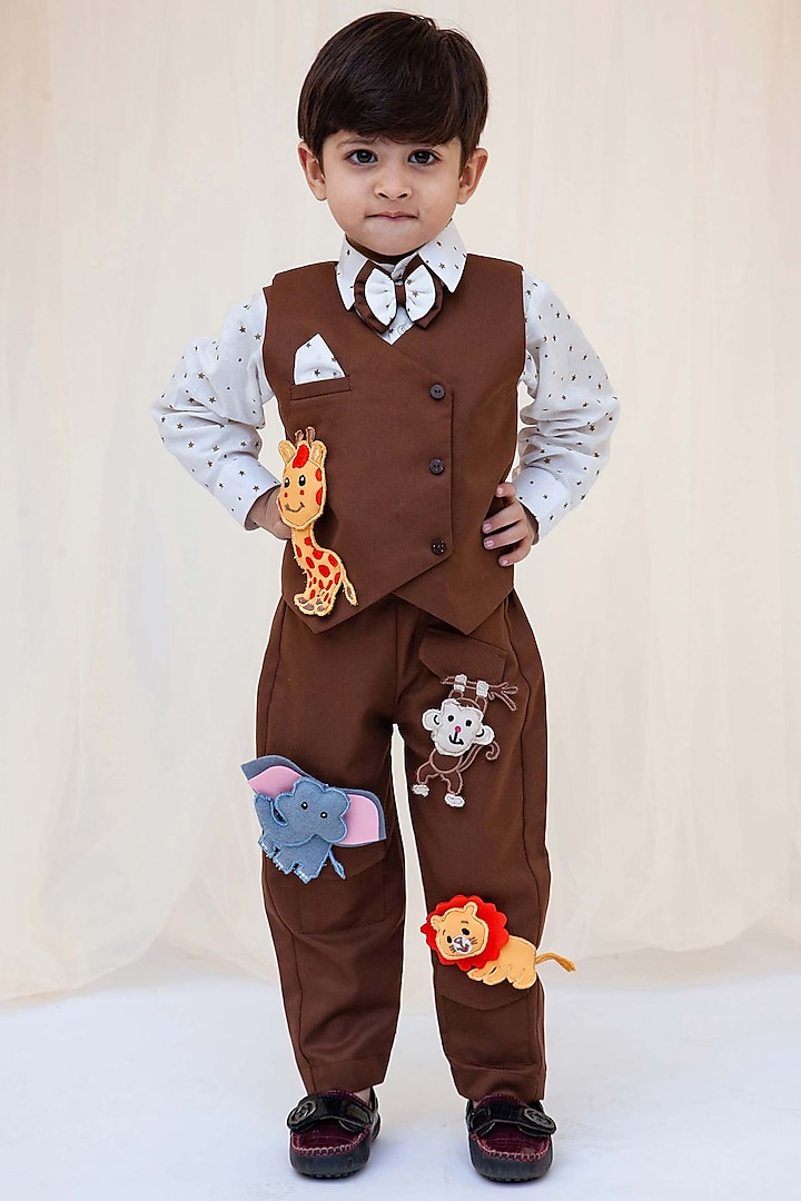 Brown Embroidered Jacket Set For Boys by Fayon Kids