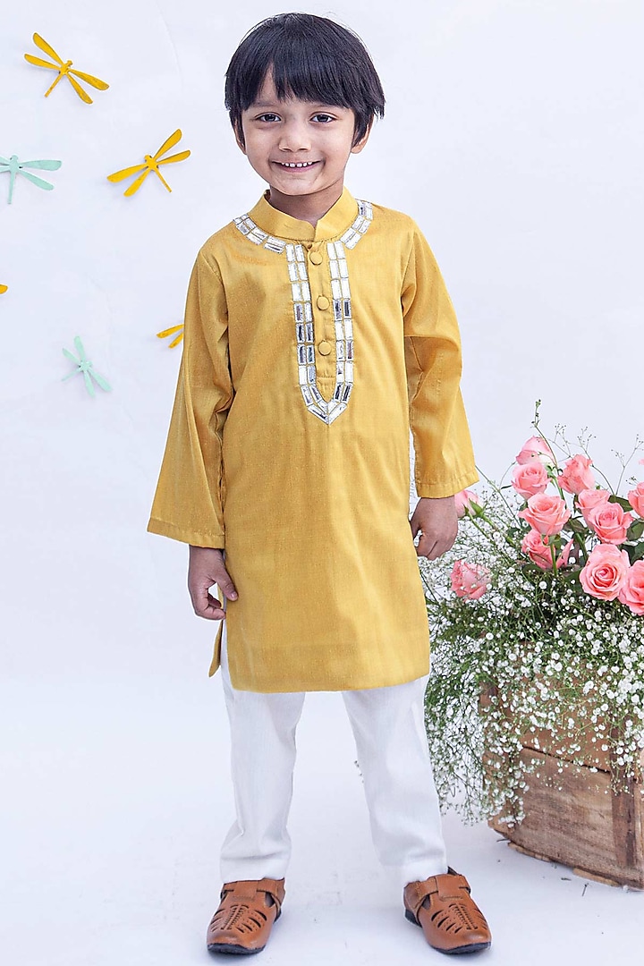 Mustard Yellow Embroidered Kurta Set For Boys by Fayon Kids