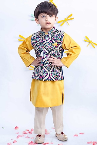 Blue Embroidered Nehru Jacket With Kurta Set by Fayon Kids