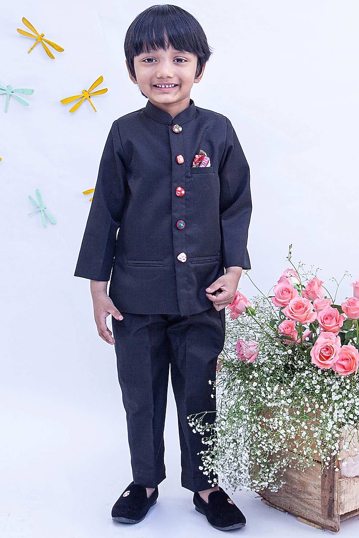 Black Jacket Set With Mirror Embroidered Buttons For Boys by Fayon Kids