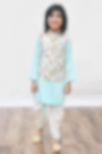 Turquoise Blue Kurta Set With Printed Jacket For Boys by Fayon Kids