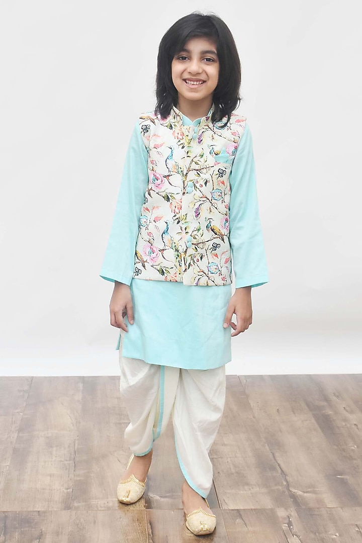 Turquoise Blue Kurta Set With Printed Jacket For Boys by Fayon Kids