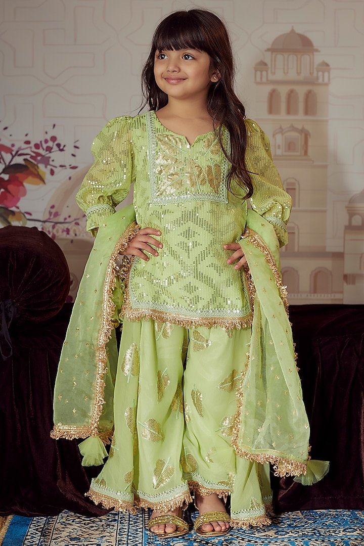 Pista Green Georgette Embroidered Sharara Set For Girls by Fayon Kids