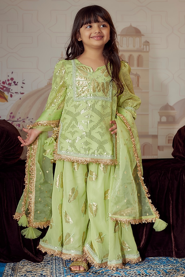 Pista Green Georgette Embroidered Sharara Set For Girls by Fayon Kids at Pernia's Pop Up Shop