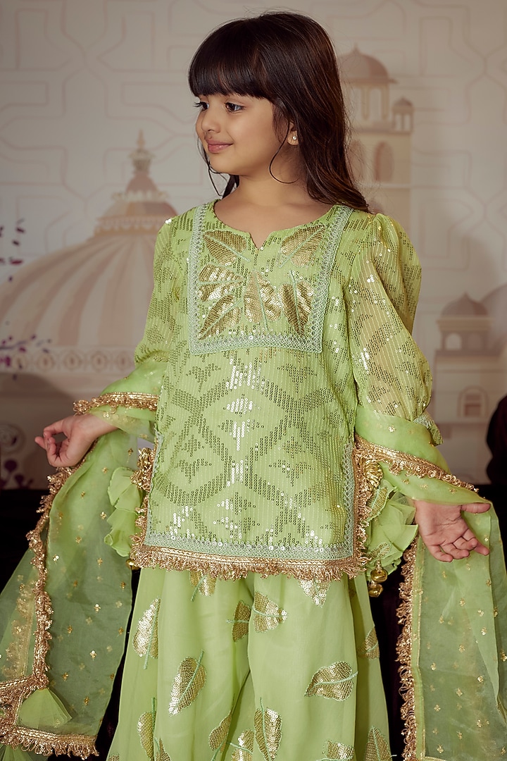 Pista Green Georgette Embroidered Sharara Set For Girls by Fayon Kids at Pernia's Pop Up Shop