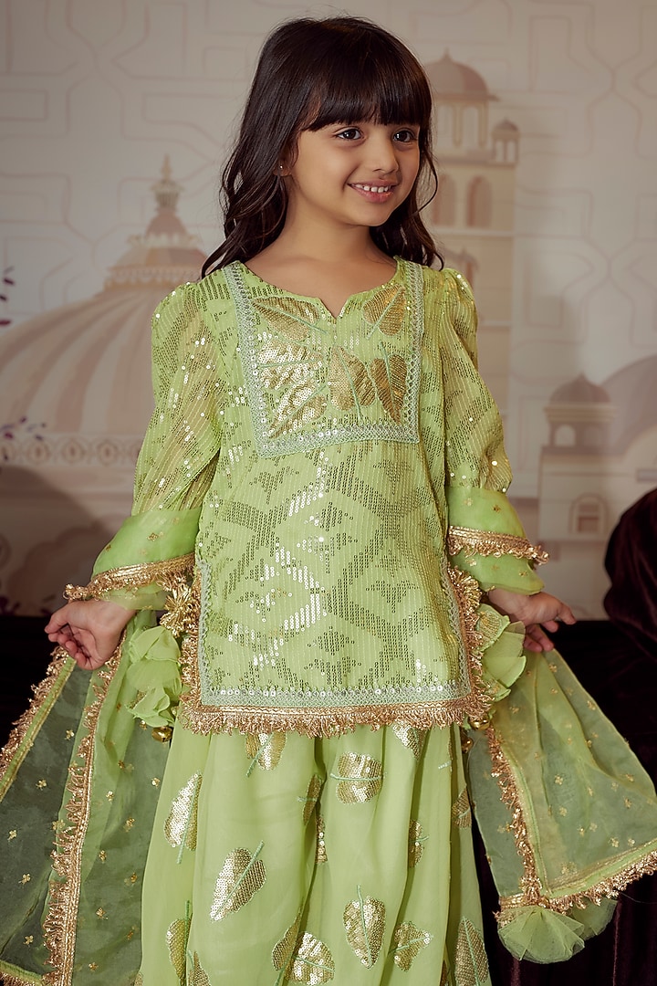 Pista Green Georgette Embroidered Sharara Set For Girls by Fayon Kids at Pernia's Pop Up Shop