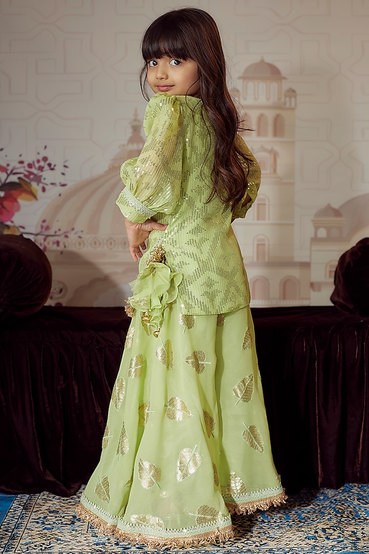 Pista Green Georgette Embroidered Sharara Set For Girls by Fayon Kids at Pernia's Pop Up Shop