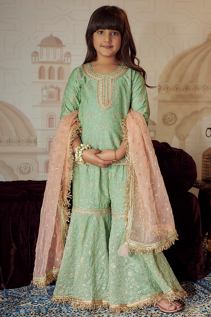 Green Chanderi Embroidered Sharara Set For Girls by Fayon Kids