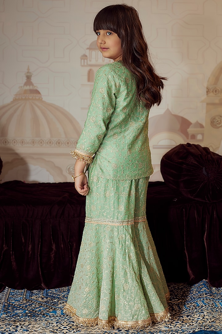 Green Chanderi Embroidered Sharara Set For Girls by Fayon Kids at Pernia's Pop Up Shop