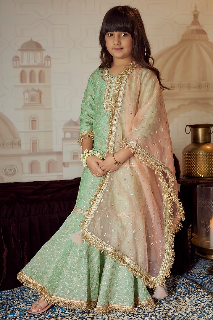 Green Chanderi Embroidered Sharara Set For Girls by Fayon Kids at Pernia's Pop Up Shop