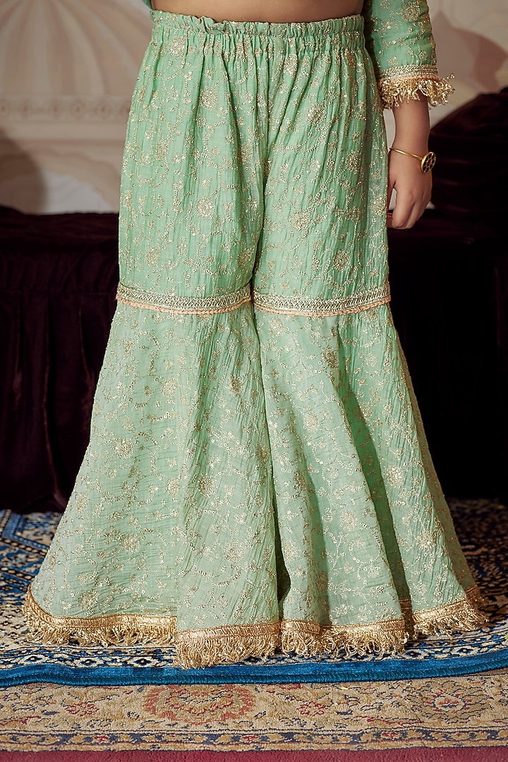 Green Chanderi Embroidered Sharara Set For Girls by Fayon Kids at Pernia's Pop Up Shop