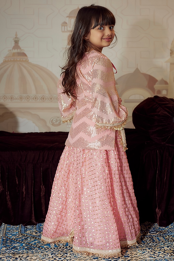 Peach Georgette Embroidered Sharara Set For Girls by Fayon Kids at Pernia's Pop Up Shop