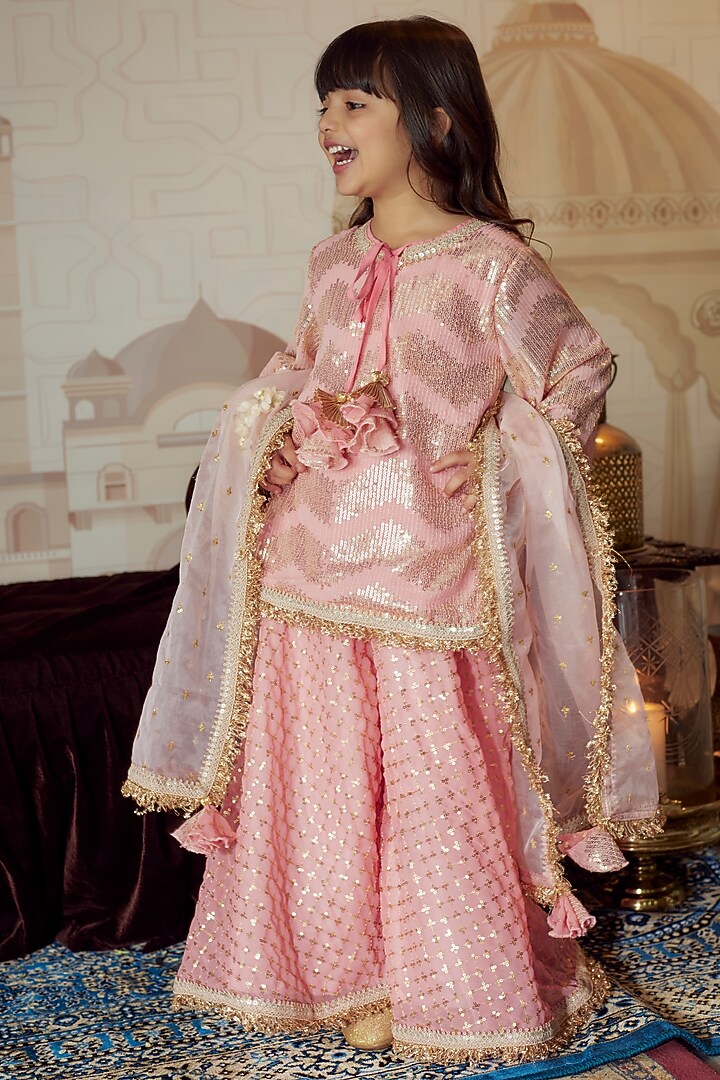 Peach Georgette Embroidered Sharara Set For Girls by Fayon Kids at Pernia's Pop Up Shop