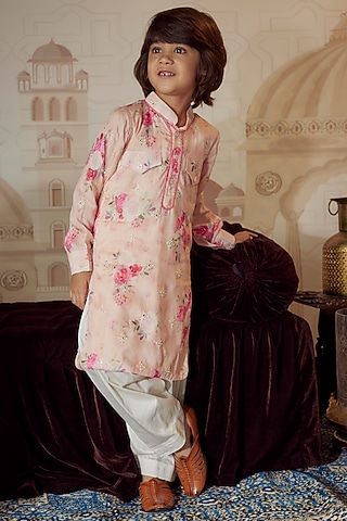 Peach Cotton Printed Kurta Set For Boys by Fayon Kids