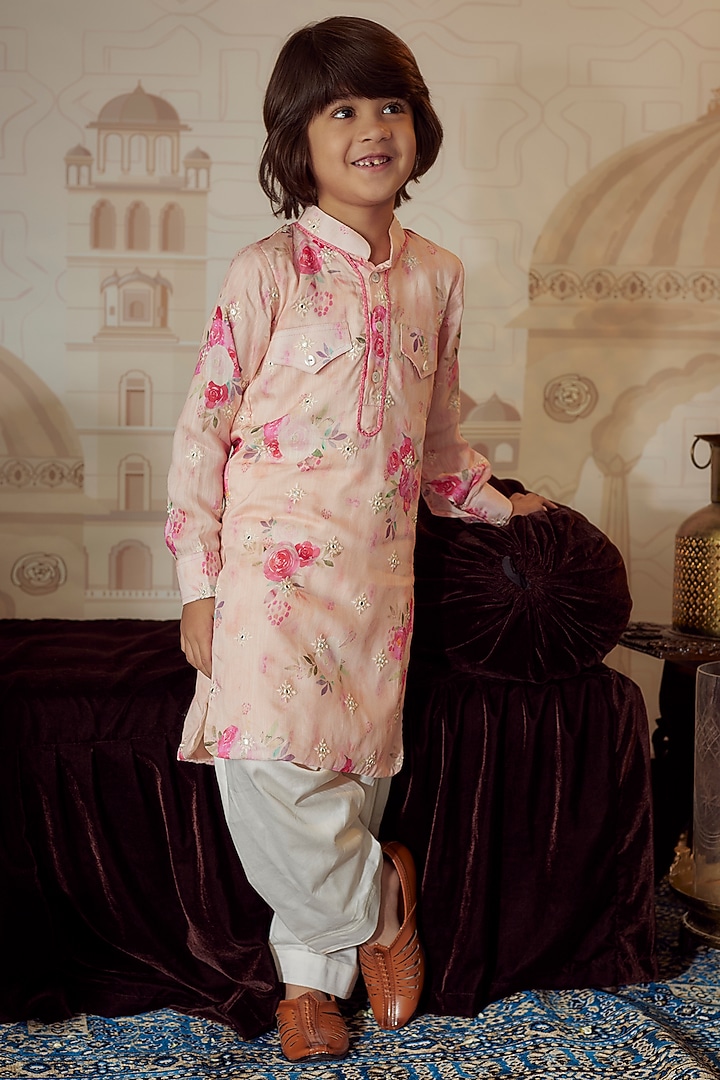 Peach Cotton Printed Kurta Set For Boys by Fayon Kids at Pernia's Pop Up Shop