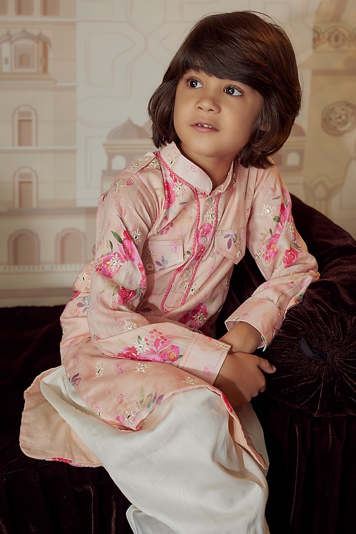 Peach Cotton Printed Kurta Set For Boys by Fayon Kids at Pernia's Pop Up Shop