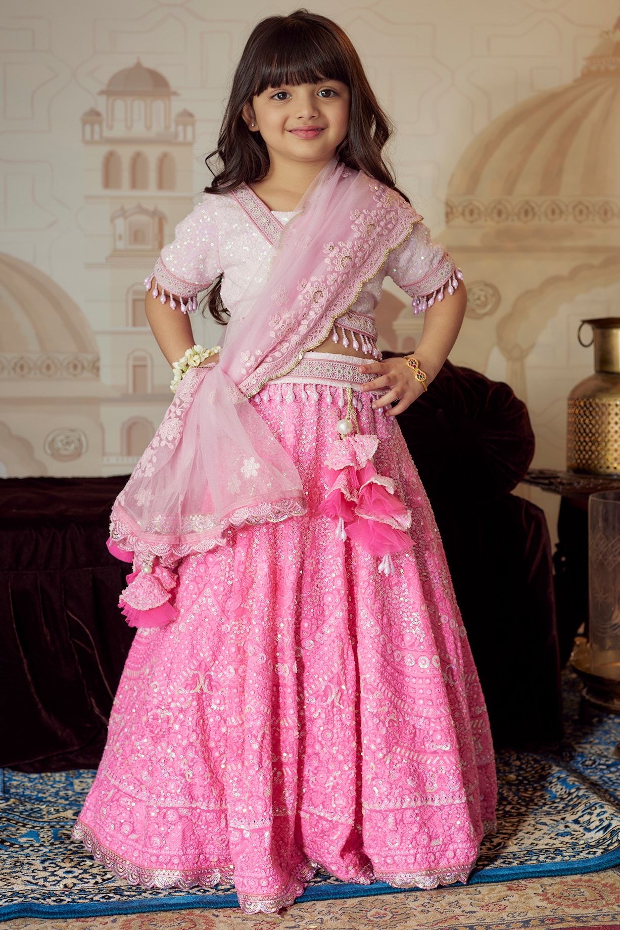 Baby Pink Lucknowi Embroidered Ombre Lehenga Set For Girls by Fayon Kids at  Pernia's Pop Up Shop
