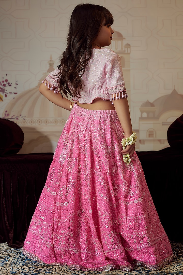 Baby Pink Lucknowi Embroidered Ombre Lehenga Set For Girls by Fayon Kids at Pernia's Pop Up Shop