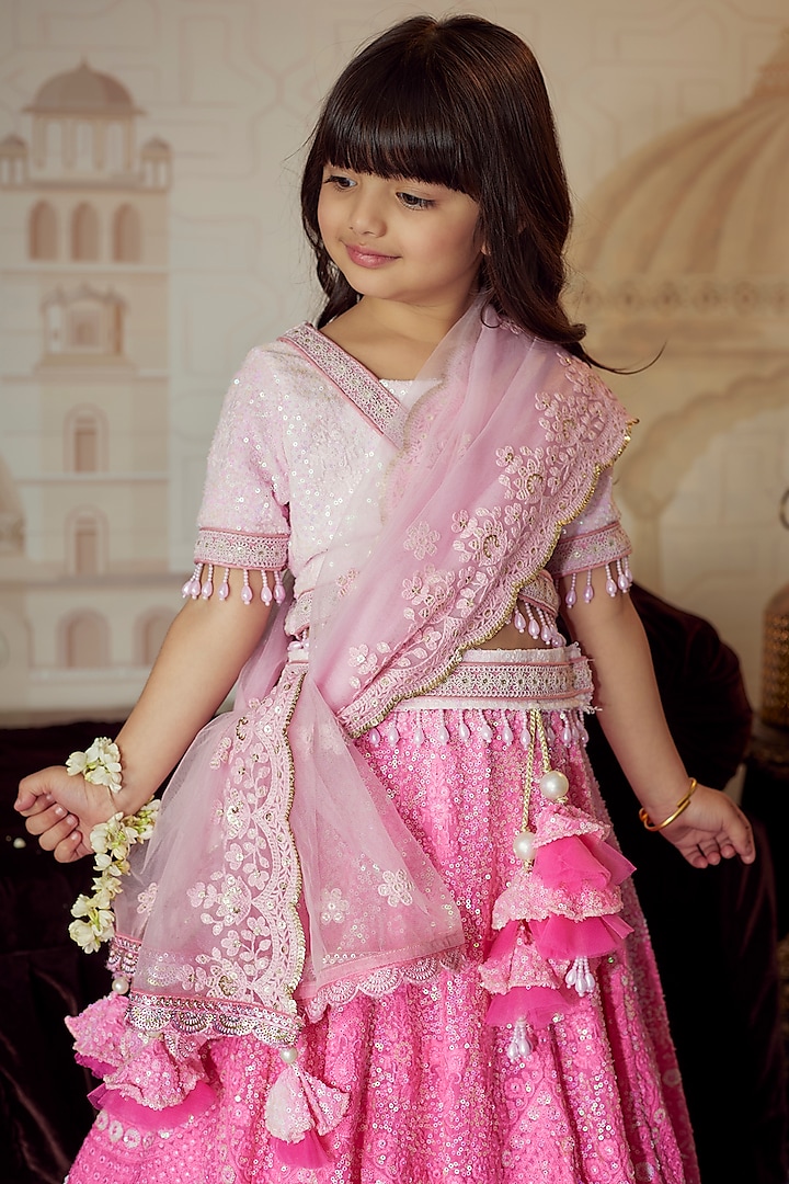 Baby Pink Lucknowi Embroidered Ombre Lehenga Set For Girls by Fayon Kids at Pernia's Pop Up Shop
