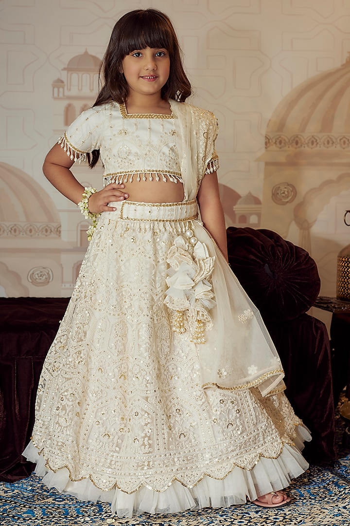 Off-White Lucknowi Embroidered Lehenga Set For Girls by Fayon Kids