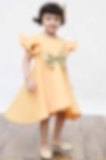 Yellow Neoprene Dress With Golden Bow For Girls by Fayon Kids