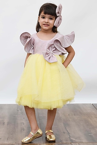 Pink & Yellow Shimmer Net Glitter Dress For Girls by Fayon Kids