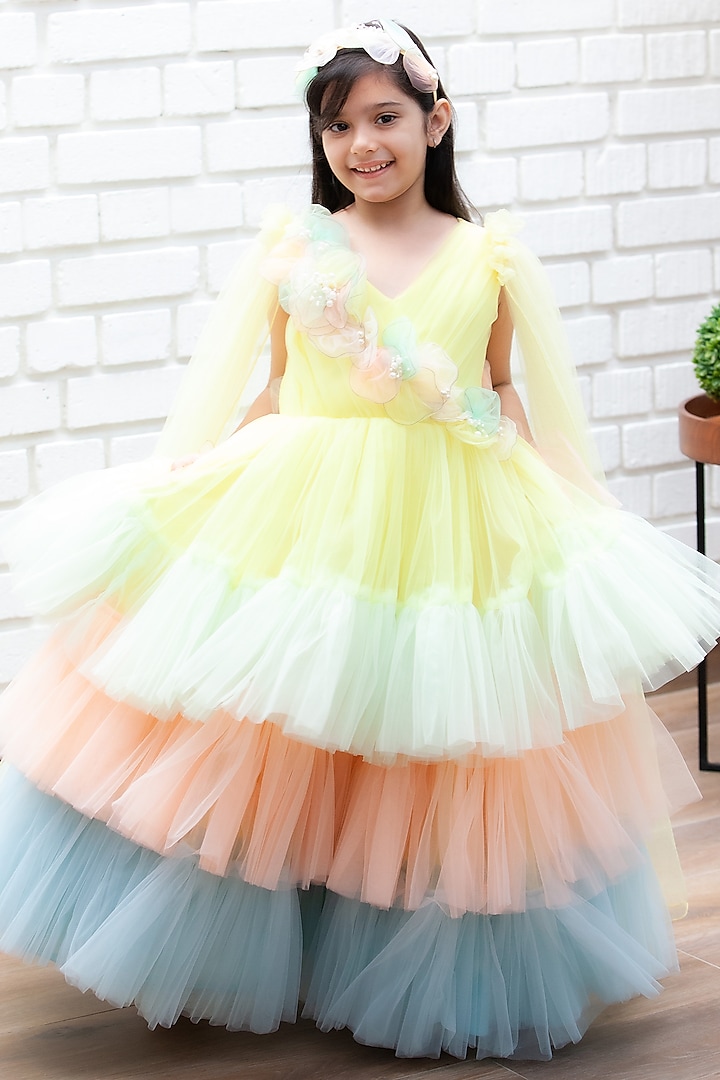 Multi Colored Layered Gown With 3D Flowers For Girls by Fayon Kids