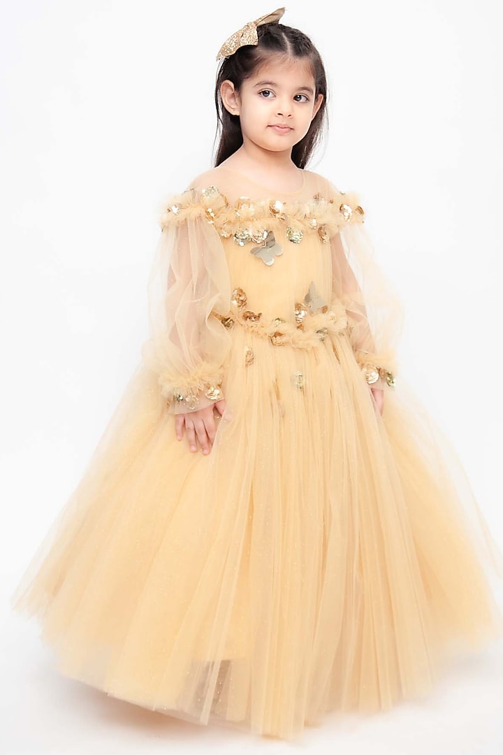 Golden Gown With 3D Flowers For Girls by Fayon Kids