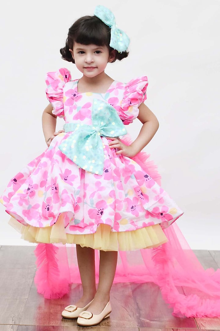 Neon Pink & White Floral Printed Dress For Girls by Fayon Kids