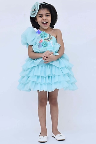 Blue Organza Embellished One-Shoulder Dress For Girls  by Fayon Kids