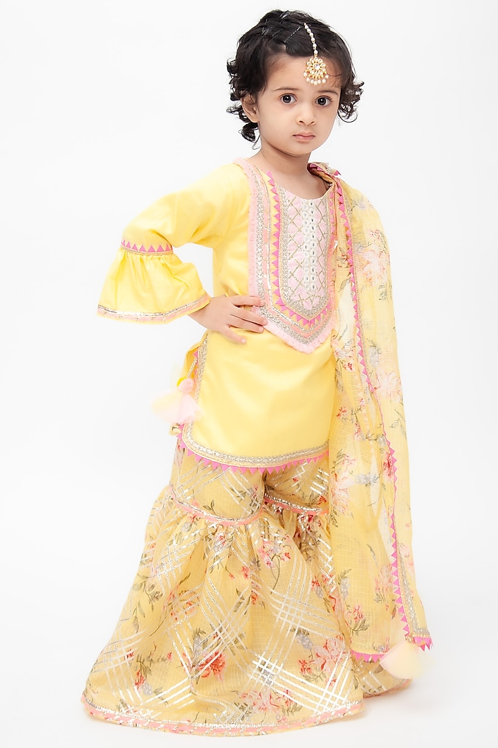 Yellow Cotton Printed Sharara Set For Girls by Fayon Kids