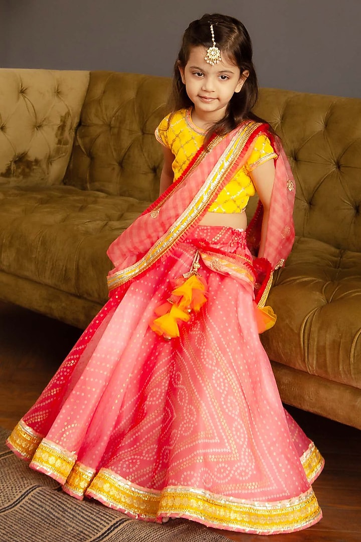 Coral Lehenga Set For Girls by Fayon Kids at Pernia's Pop Up Shop