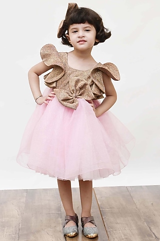 Gold & Pink Shimmer Net Glitter Dress For Girls  by Fayon Kids
