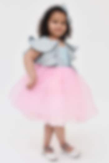 Blue & Pink Glitter Frock With Bow For Girls by Fayon Kids