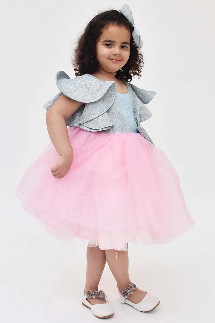 Blue & Pink Glitter Frock With Bow For Girls by Fayon Kids