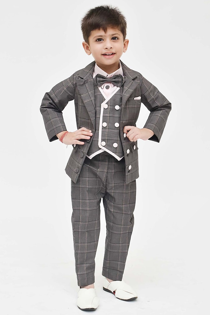 Grey Checkered Coat Set For Boys by Fayon Kids
