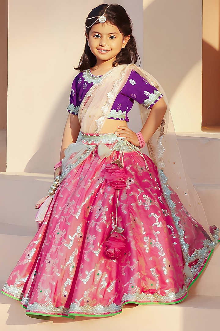 Purple Brocade Embroidered Lehenga Set For Girls by Fayon Kids at Pernia's Pop Up Shop