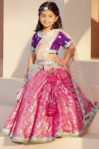 Purple Brocade Embroidered Lehenga Set For Girls by Fayon Kids