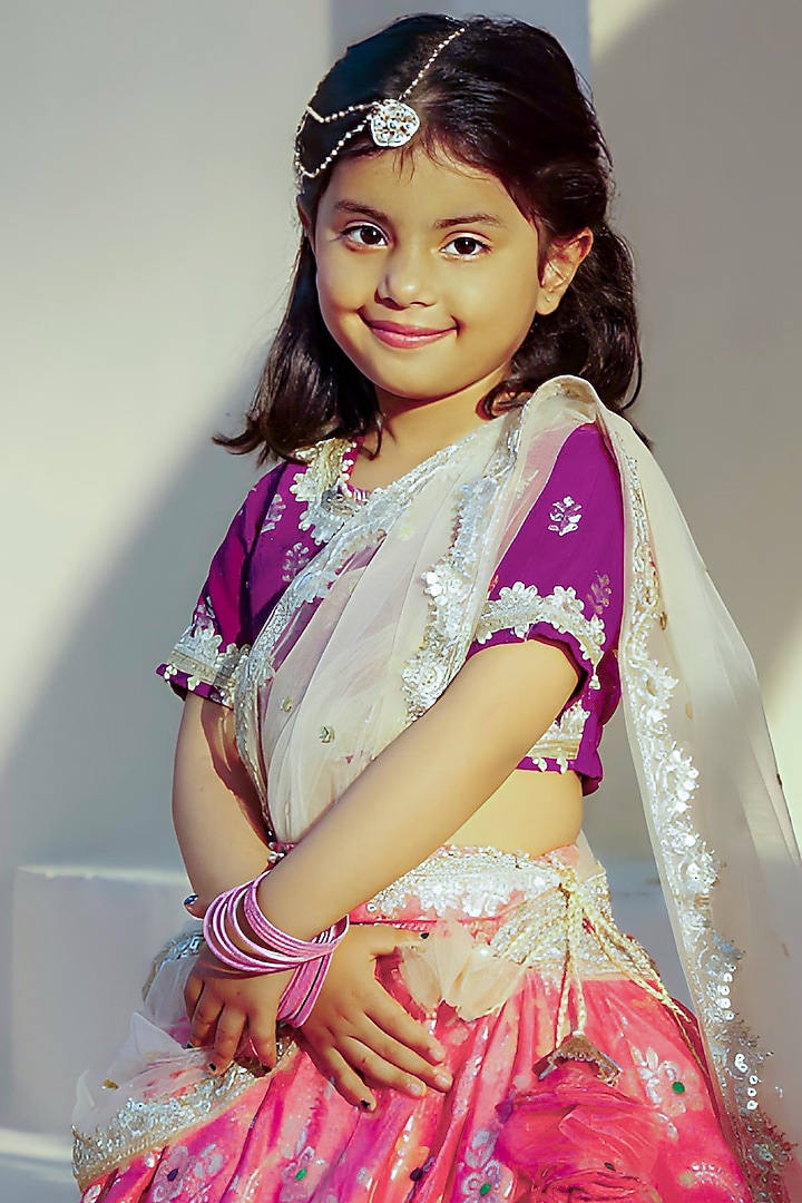 Purple Brocade Embroidered Lehenga Set For Girls by Fayon Kids at Pernia's Pop Up Shop