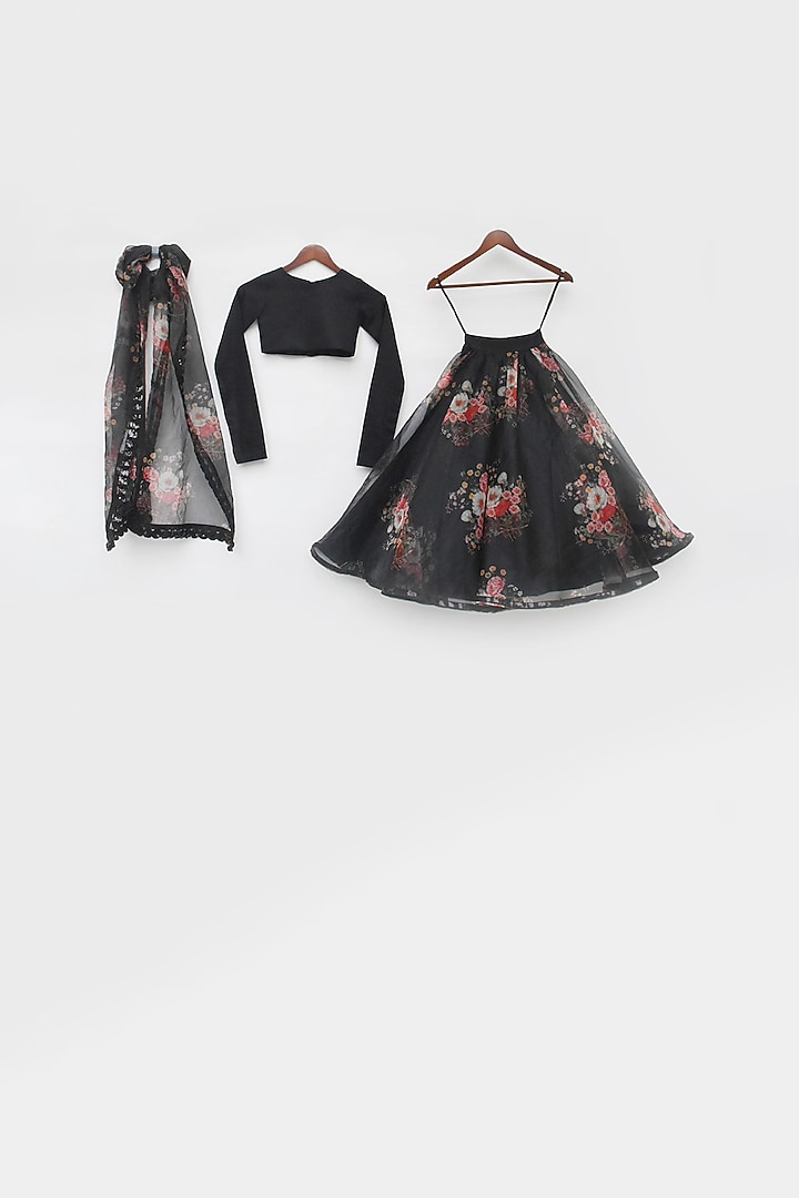 Black Organza Floral Printed Lehenga Set For Girls by Fayon Kids at Pernia's Pop Up Shop