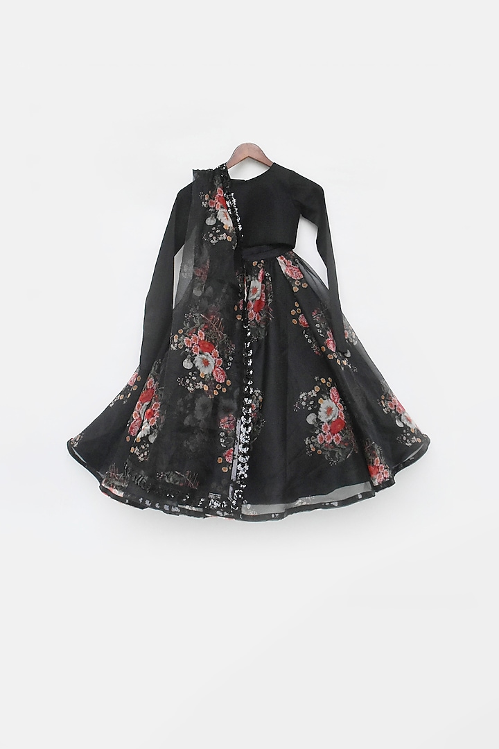 Black Organza Floral Printed Lehenga Set For Girls by Fayon Kids at Pernia's Pop Up Shop