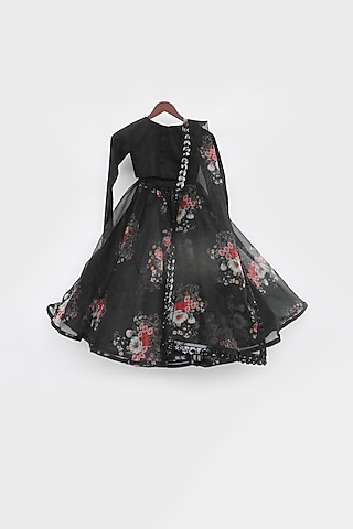 Black Organza Floral Printed Lehenga Set For Girls  by Fayon Kids