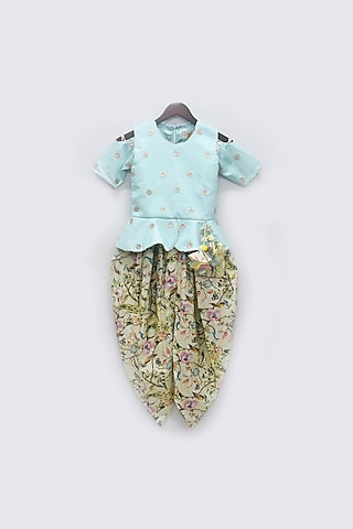 Multi-Colored Cotton Silk Printed Dhoti Set For Girls by Fayon Kids