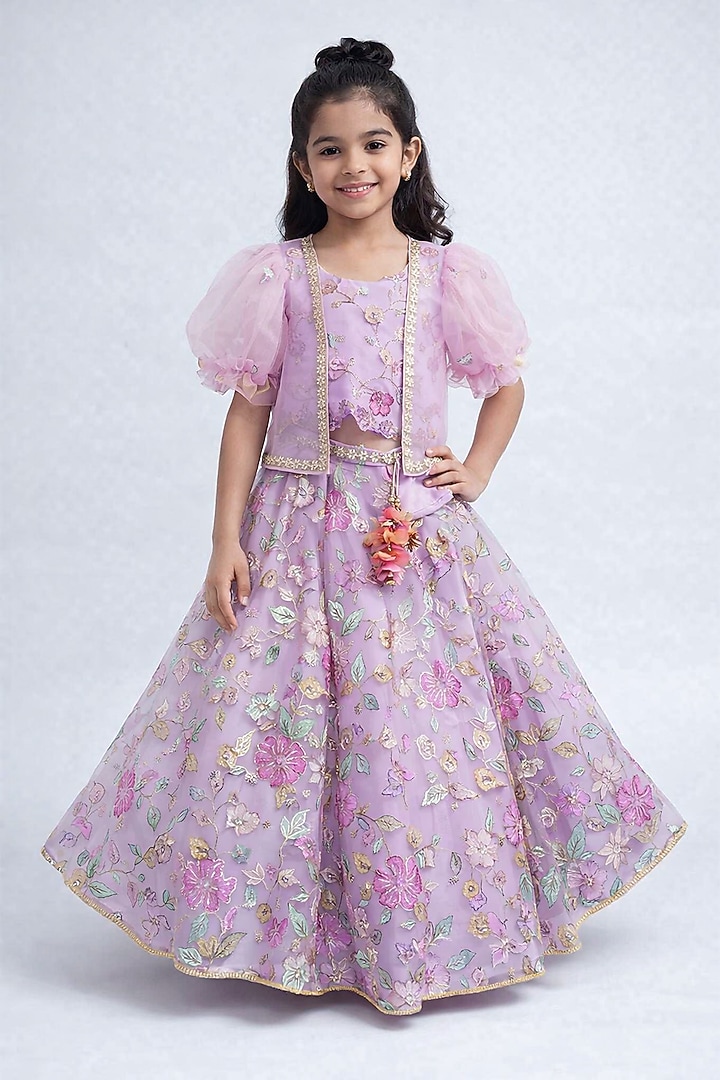 Lilac Embroidered Lehenga Set For Girls by Fayon Kids at Pernia's Pop Up Shop