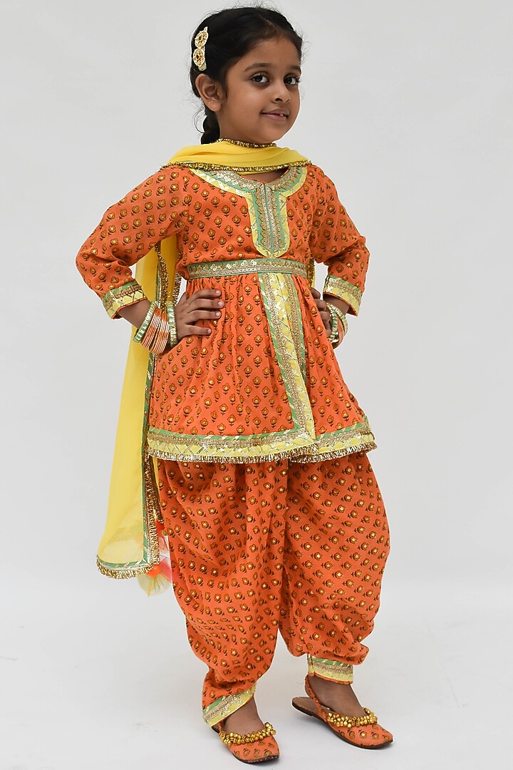 Peach Printed Dhoti Set For Girls by Fayon Kids at Pernia's Pop Up Shop