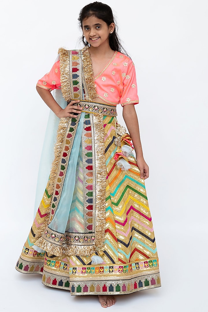 Multi-Color Embroidered Lehenga Set For Girls by Fayon Kids at Pernia's Pop Up Shop