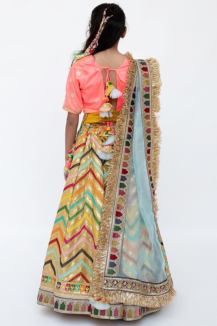 Multi-Colored Silk Embroidered Lehenga Set For Girls by Fayon Kids at Pernia's Pop Up Shop