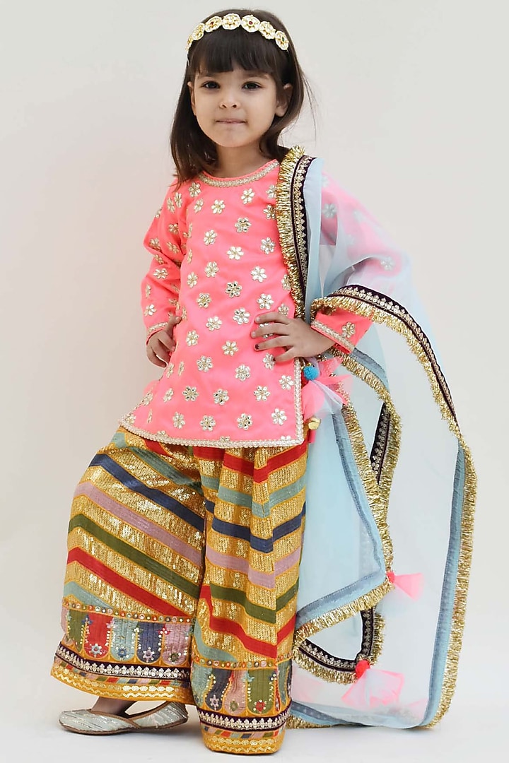 Multi-Color Embroidered Sharara Set For Girls by Fayon Kids at Pernia's Pop Up Shop